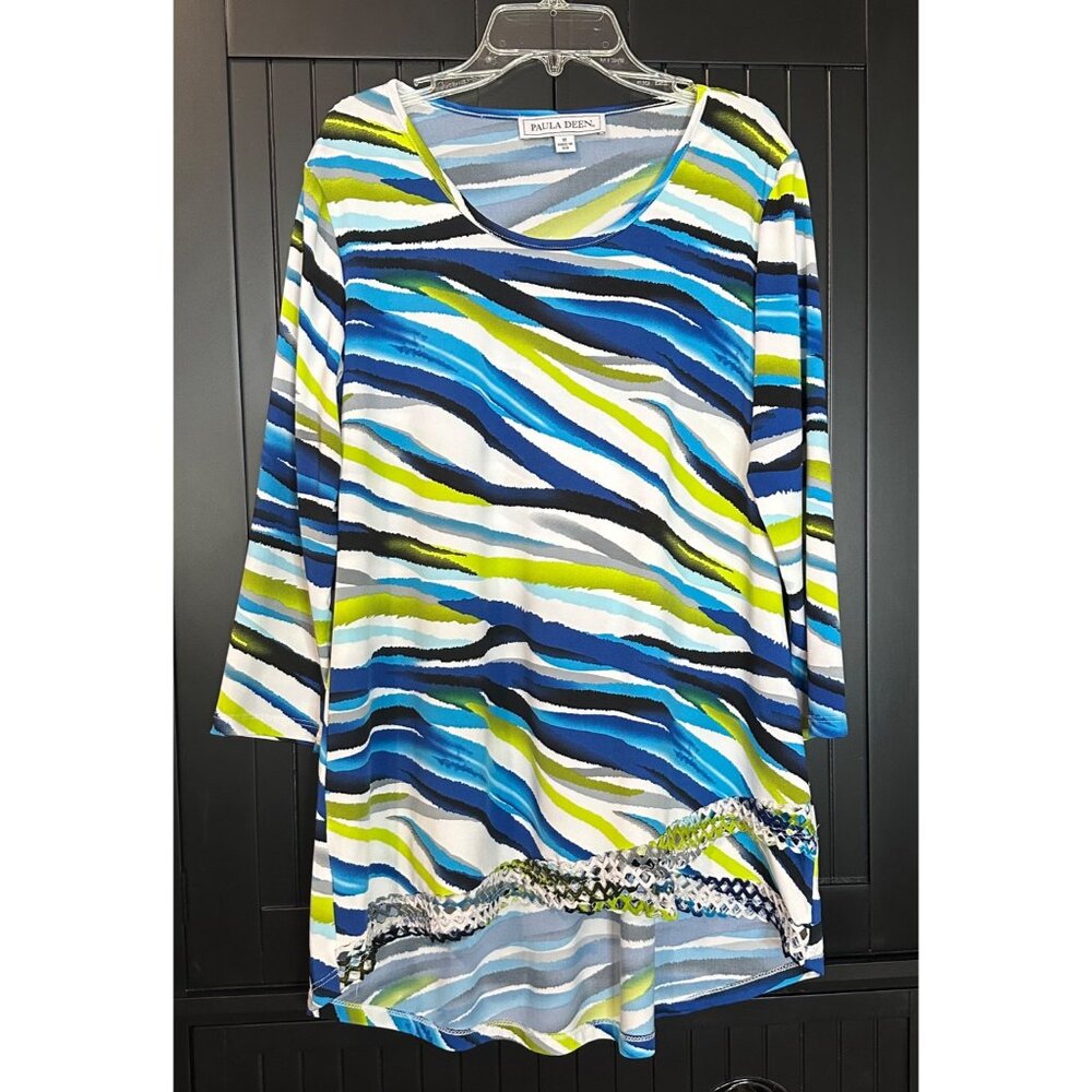 Paula Deen Blouse Womens Size M Blue Green Striped Abstract 3/4 Sleeve Tunic USA